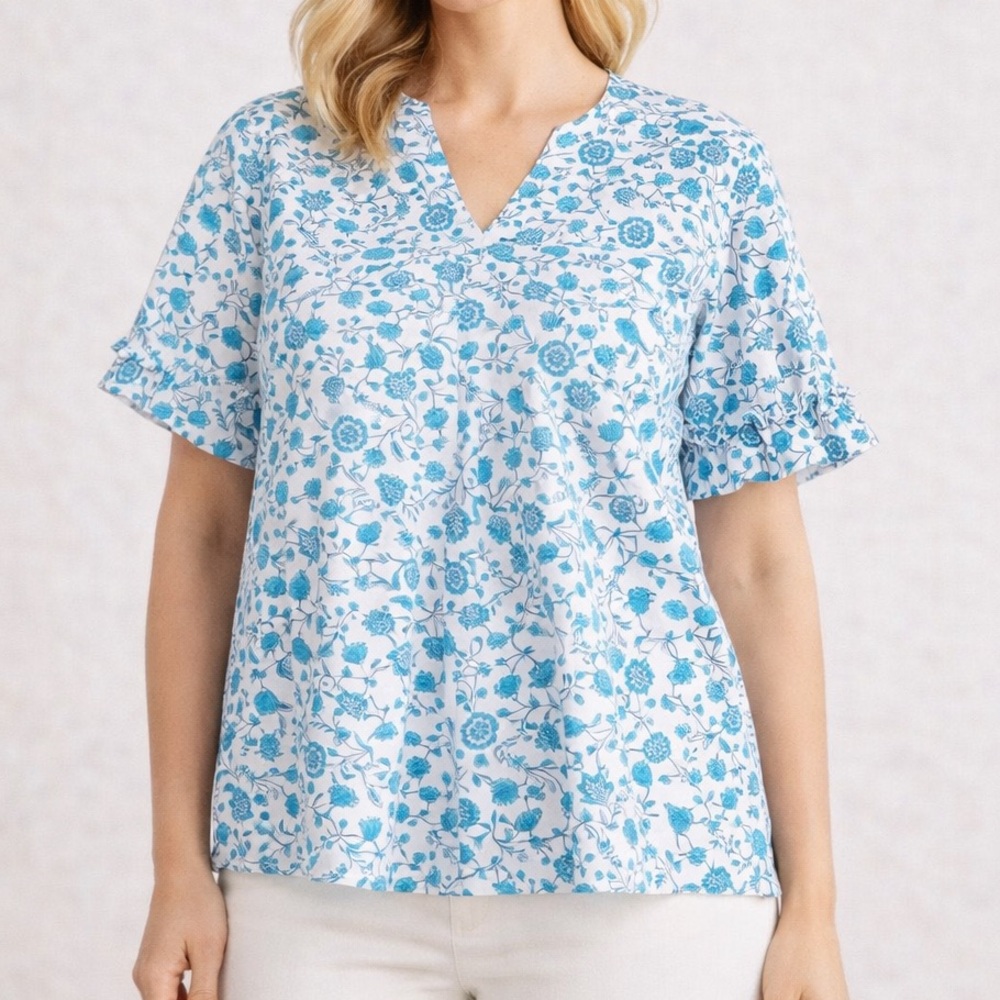 Draper James Women’s XXL Blue Floral Cotton Top Ruffle Sleeve Cottagecore